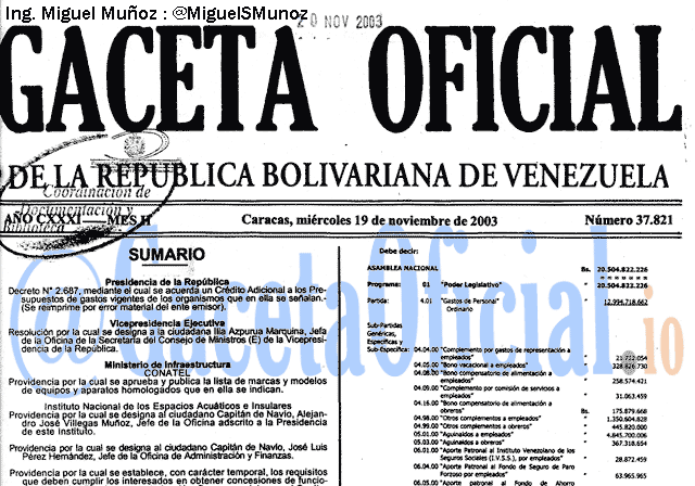 Gaceta Oficial 37821 del 19 Noviembre 2003