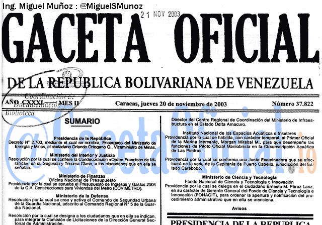 Gaceta Oficial 37822 del 20 Noviembre 2003