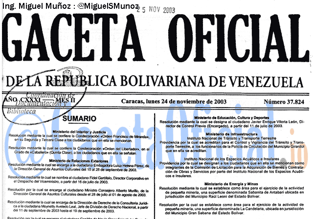 Gaceta Oficial 37824 del 24 Noviembre 2003