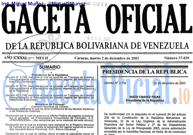 Gaceta Oficial 37830 del 2 Diciembre 2003