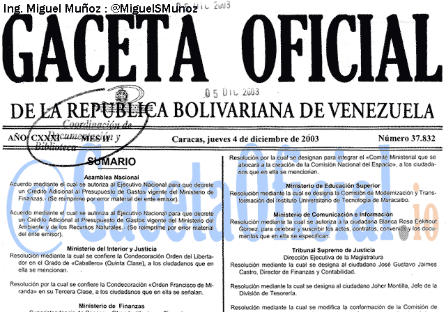 Gaceta Oficial 37832 del 4 Diciembre 2003