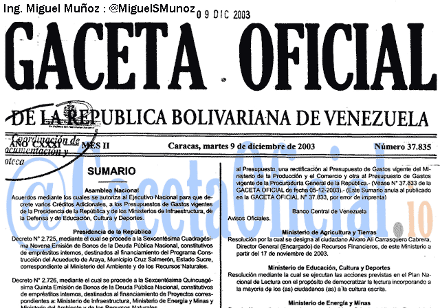 Gaceta Oficial 37835 del 9 Diciembre 2003