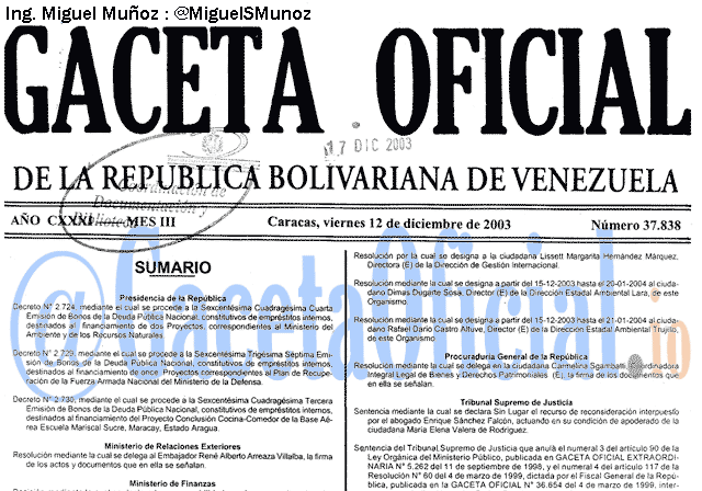 Gaceta Oficial 37838 del 12 Diciembre 2003