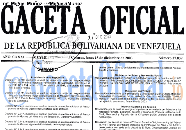 Gaceta Oficial 37839 del 15 Diciembre 2003