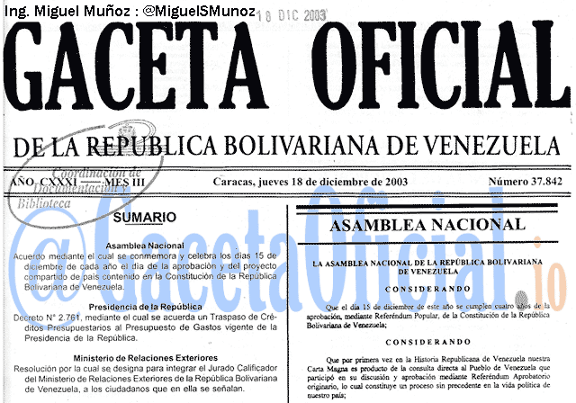 Gaceta Oficial 37842 del 18 Diciembre 2003