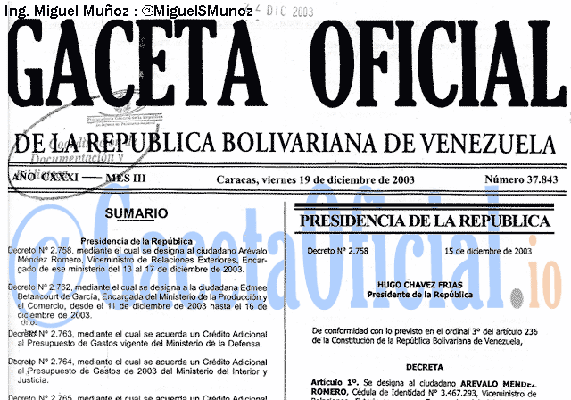 Gaceta Oficial 37843 del 19 Diciembre 2003