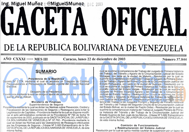 Gaceta Oficial 37844 del 22 Diciembre 2003