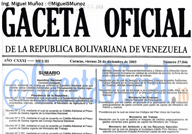 Gaceta Oficial 37846 del 26 Diciembre 2003