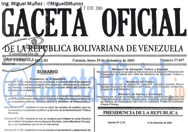 Gaceta Oficial 37847 del 29 Diciembre 2003