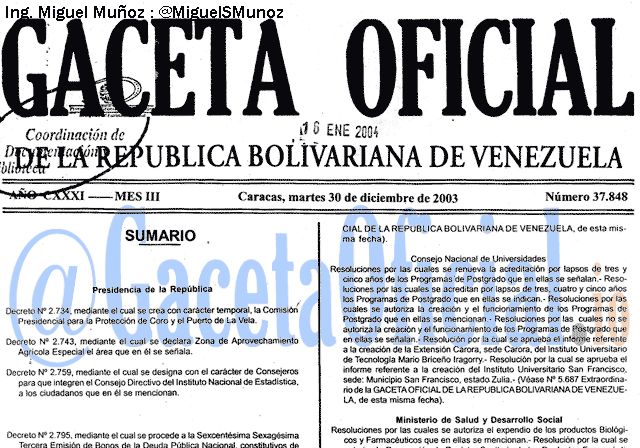 Gaceta Oficial 37848 del 30 Diciembre 2003