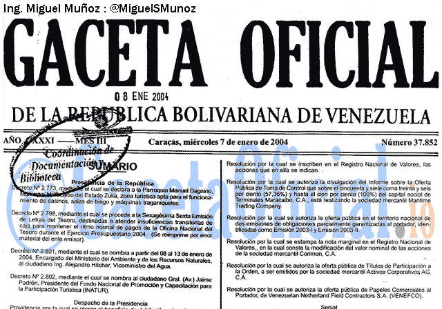 Gaceta Oficial 37852 del 7 Enero 2004