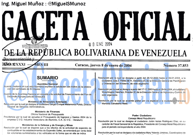Gaceta Oficial 37853 del 8 Enero 2004