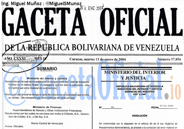Gaceta Oficial 37856 del 13 Enero 2004