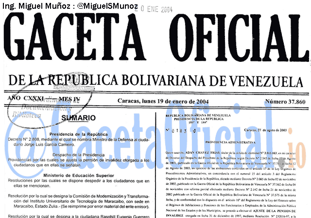 Gaceta Oficial 37860 del 19 Enero 2004