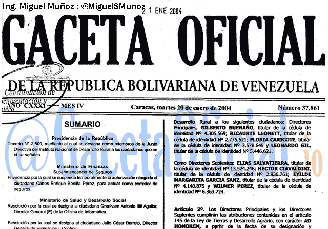 Gaceta Oficial 37861 del 20 Enero 2004