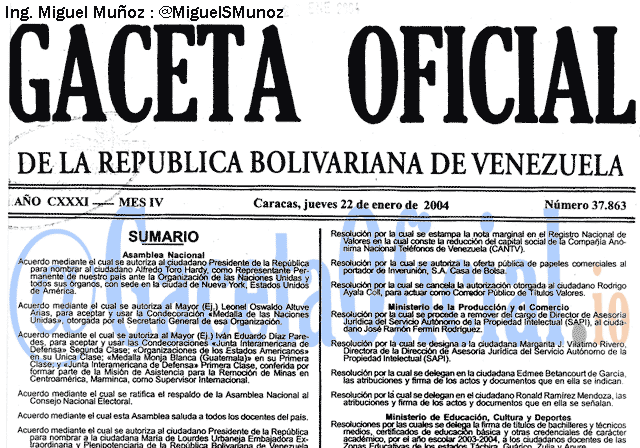 Gaceta Oficial 37863 del 22 Enero 2004