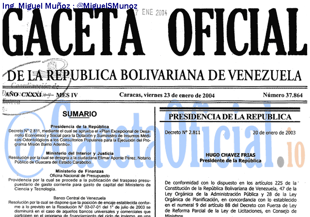 Gaceta Oficial 37864 del 23 Enero 2004