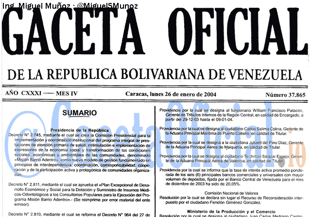 Gaceta Oficial 37865 del 26 Enero 2004