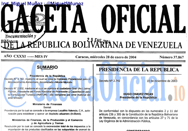 Gaceta Oficial 37867 del 28 Enero 2004