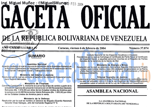 Gaceta Oficial 37874 del 6 Febrero 2004