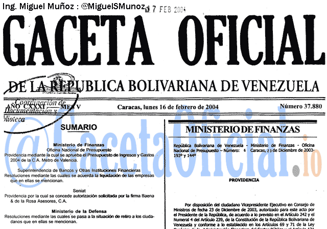 Gaceta Oficial 37880 del 16 Febrero 2004