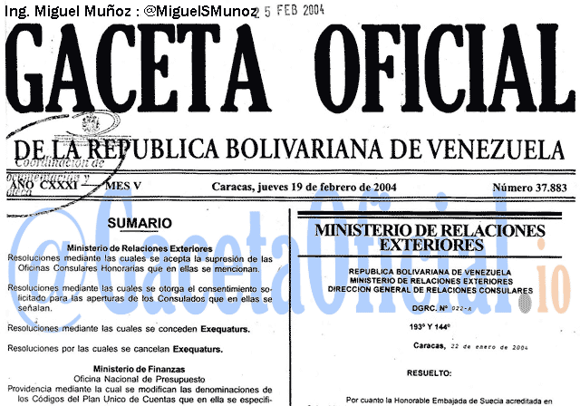 Gaceta Oficial 37883 del 19 Febrero 2004