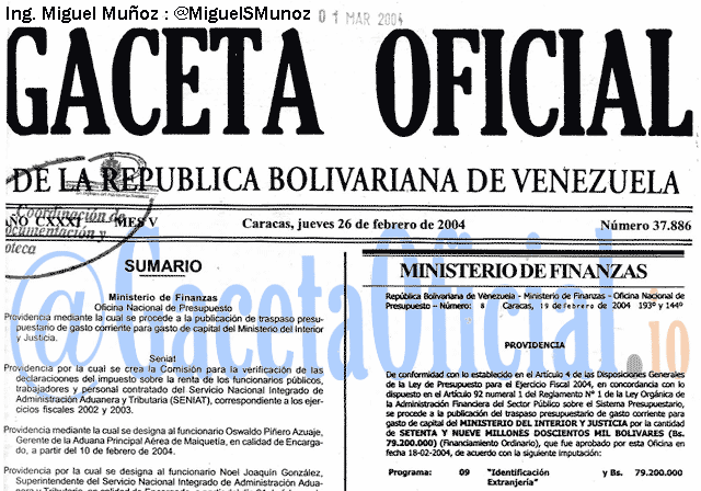 Gaceta Oficial 37886 del 26 Febrero 2004