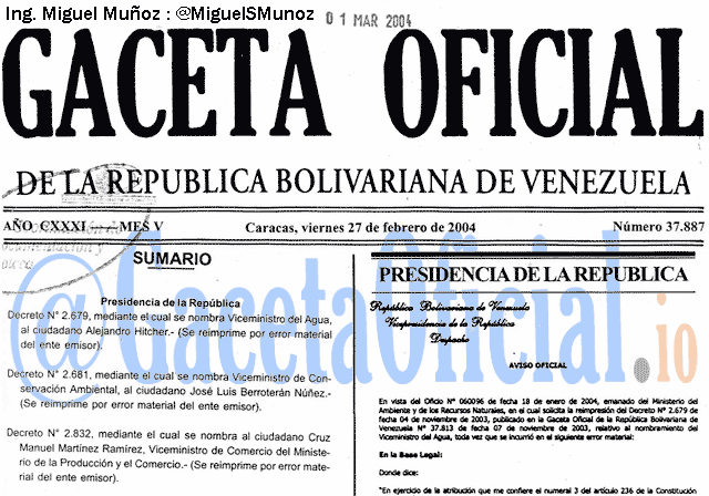 Gaceta Oficial 37887 del 27 Febrero 2004