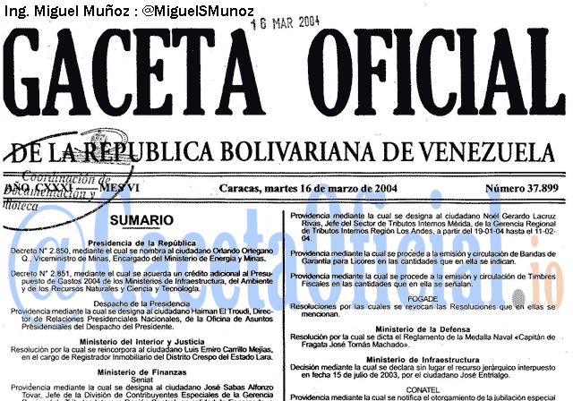 Gaceta Oficial 37899 del 16 Marzo 2004