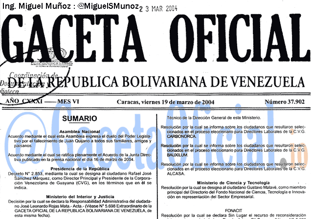 Gaceta Oficial 37902 del 19 Marzo 2004
