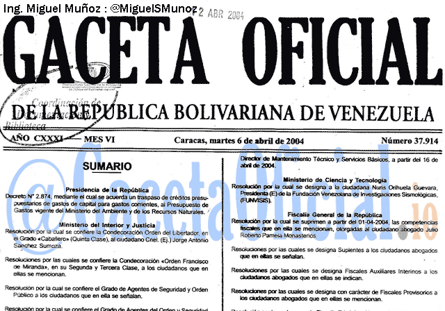 Gaceta Oficial 37914 del 6 Abril 2004