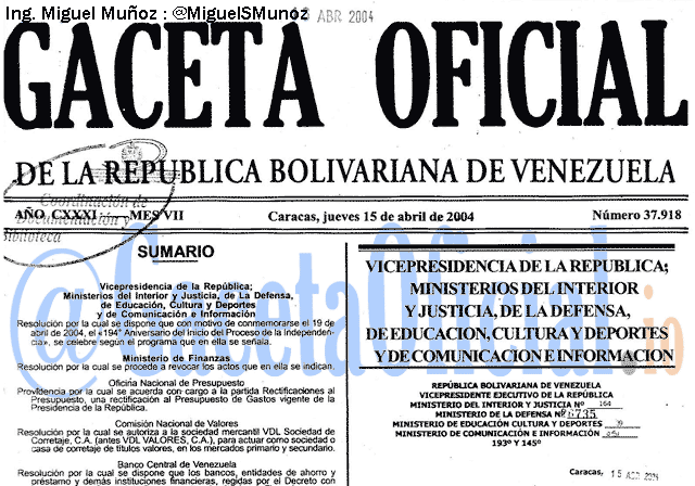 Gaceta Oficial 37918 del 15 Abril 2004