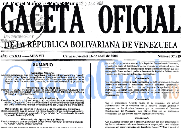 Gaceta Oficial 37919 del 16 Abril 2004