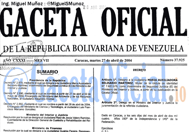 Gaceta Oficial 37925 del 27 Abril 2004