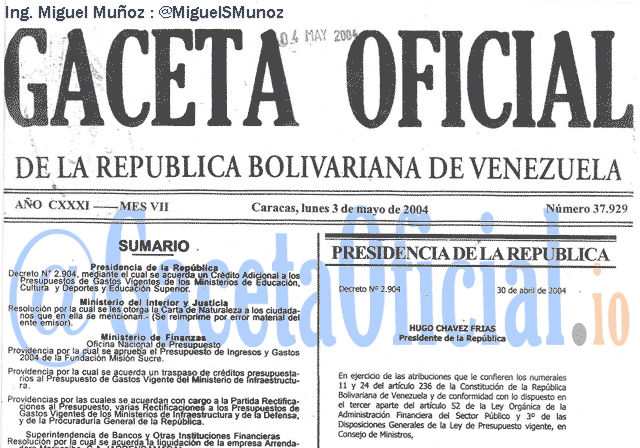 Gaceta Oficial 37929 del 3 Mayo 2004