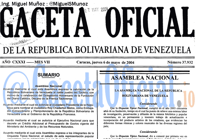 Gaceta Oficial 37932 del 6 Mayo 2004