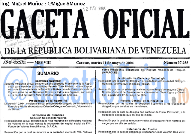 Gaceta Oficial 37935 del 11 Mayo 2004
