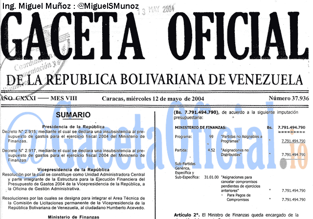 Gaceta Oficial 37936 del 12 Mayo 2004