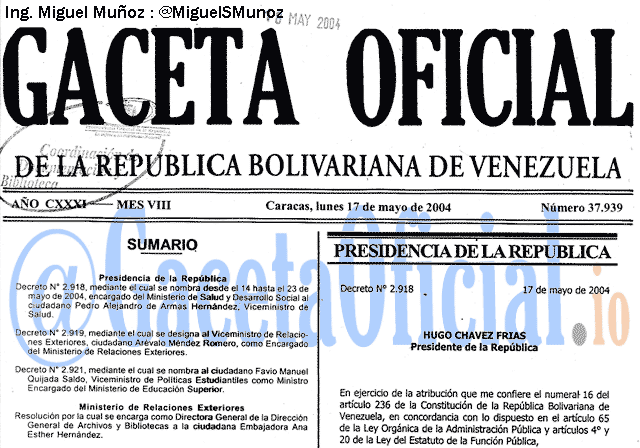 Gaceta Oficial 37939 del 17 Mayo 2004