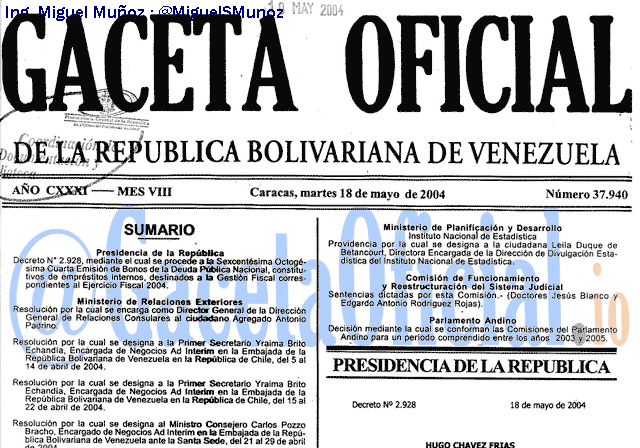 Gaceta Oficial 37940 del 18 Mayo 2004