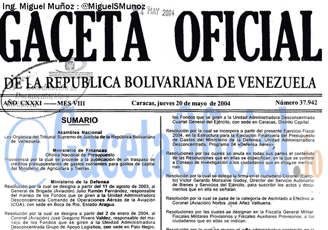 Gaceta Oficial 37942 del 20 Mayo 2004