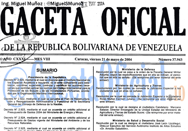 Gaceta Oficial 37943 del 21 Mayo 2004