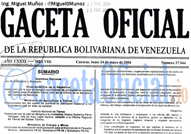Gaceta Oficial 37944 del 24 Mayo 2004