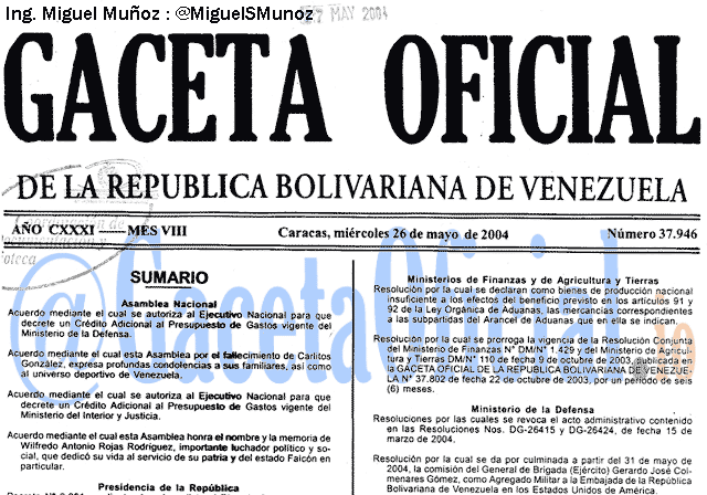 Gaceta Oficial 37946 del 26 Mayo 2004