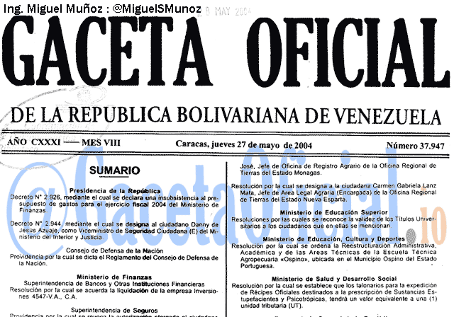 Gaceta Oficial 37947 del 27 Mayo 2004