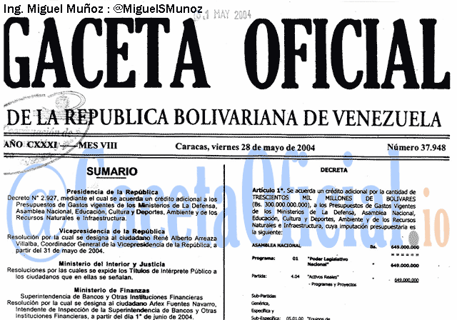 Gaceta Oficial 37948 del 28 Mayo 2004