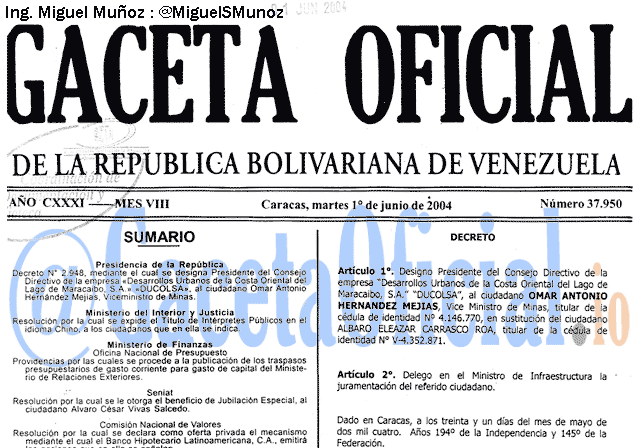 Gaceta Oficial 37950 del 1 Junio 2004