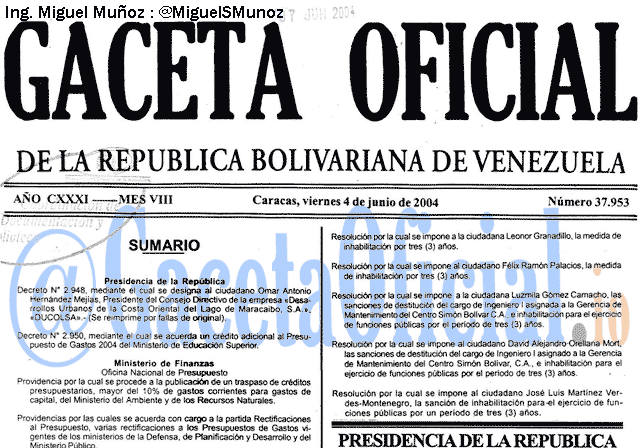 Gaceta Oficial 37953 del 4 Junio 2004