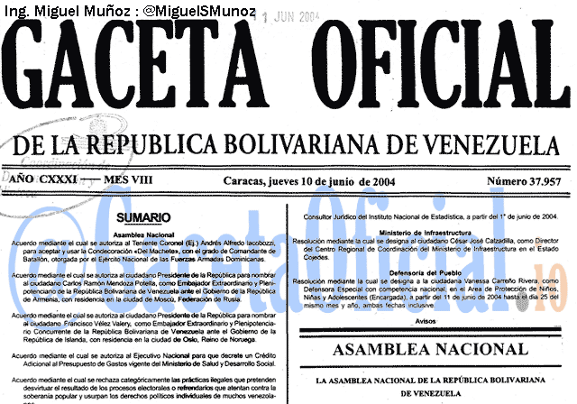 Gaceta Oficial 37957 del 10 Junio 2004