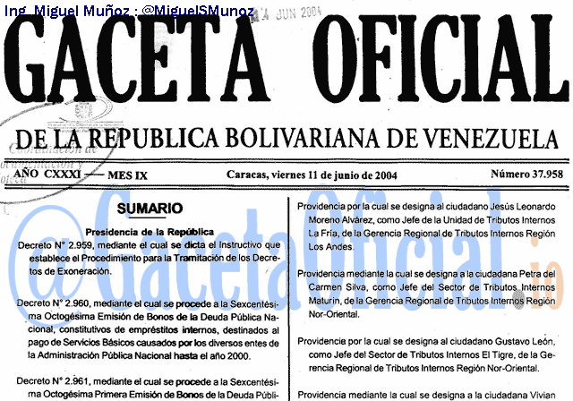 Gaceta Oficial 37958 del 11 Junio 2004